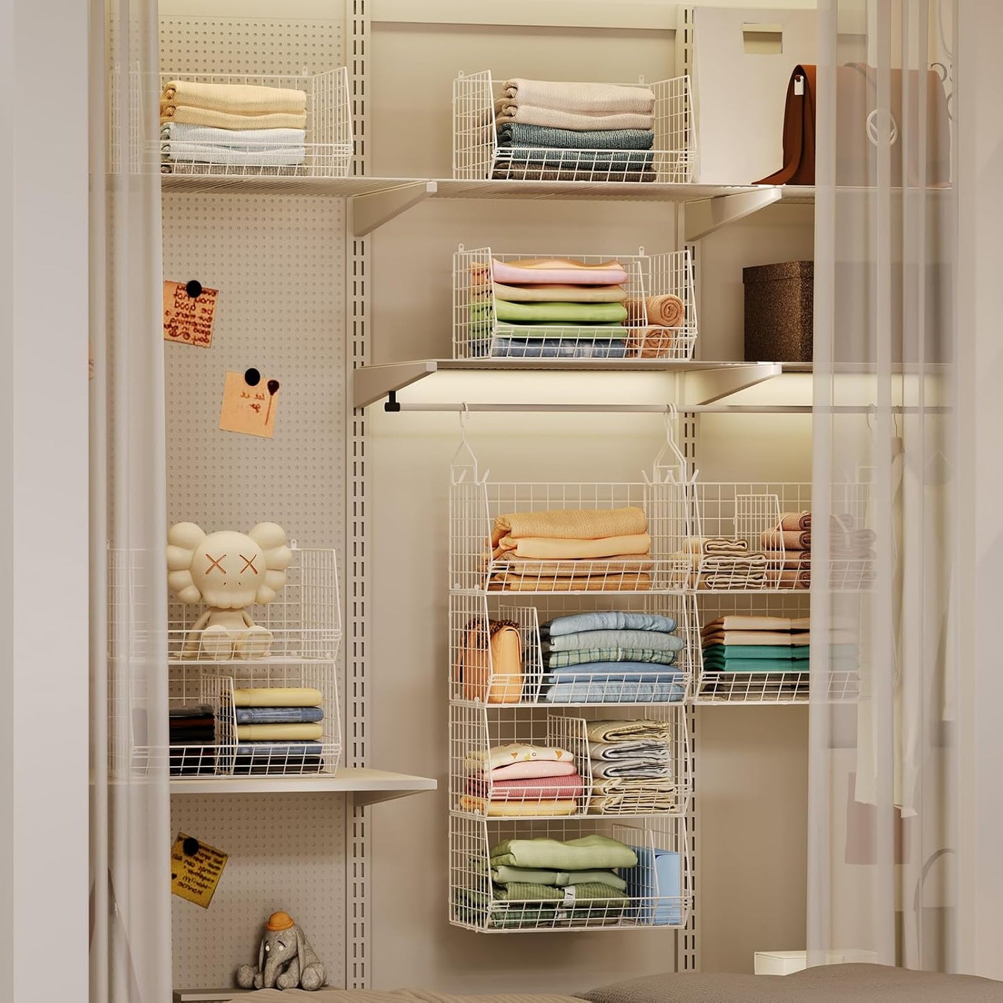 4 Tier Extra Large Hanging Closet Organizer,Closet Organizer Hanging with 5 S Hooks 4 Dividers,Clothes Organizer Clothing Sweaters Clutches Handbags Hats Accessories-White