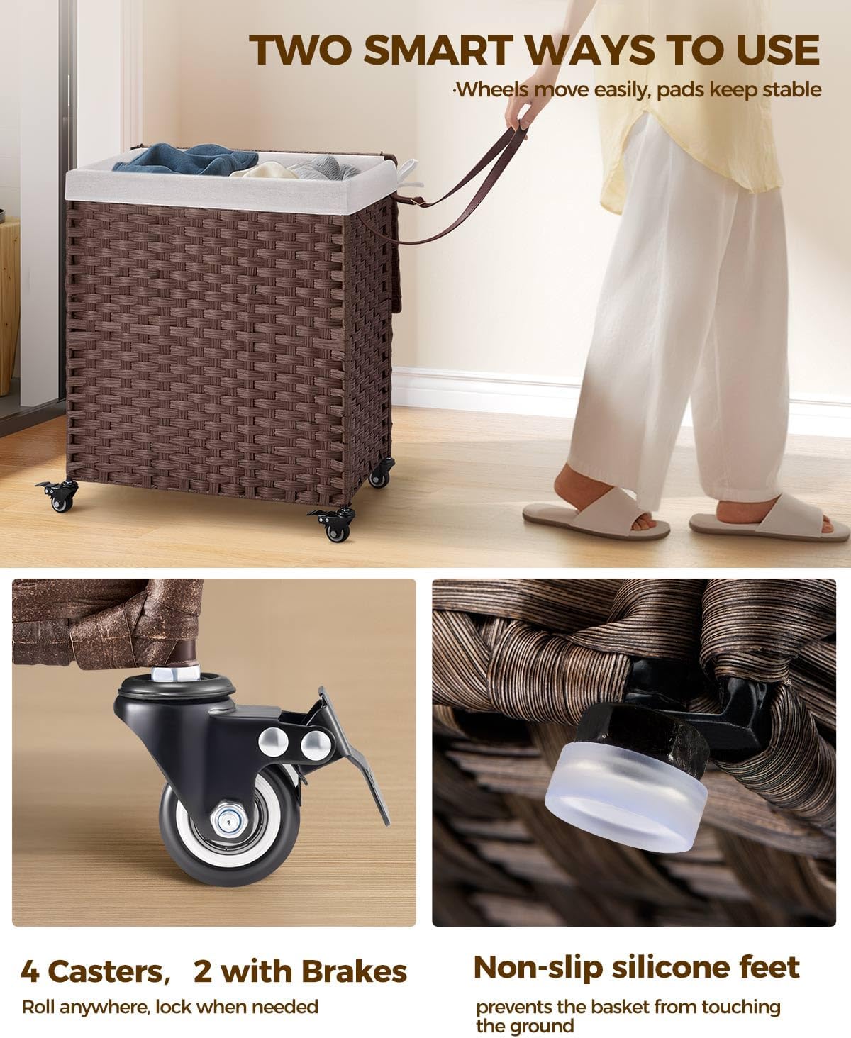 Greenstell Laundry Hamper with Wheels, No Install Needed, 110L Divided Handwoven Hampers & 2 Removable Liner Bags, Rattan Clothes Laundry Basket with Lid & Handles, Foldable Hampers Brown 22x13x26.4In