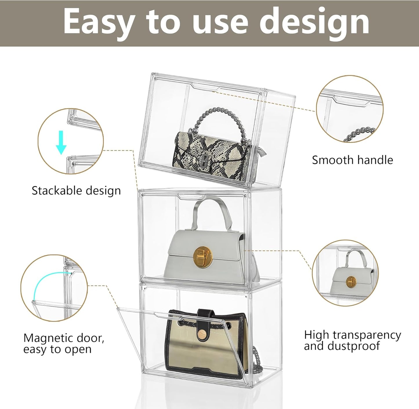 Attelite Purse Organizer for Closet,9 Pack Clear Acrylic Display Case for Handbag Organizer, Purse Storage Box with Magnetic Door, Plastic Storage Bins for Book, Collectibles, Cosmetic