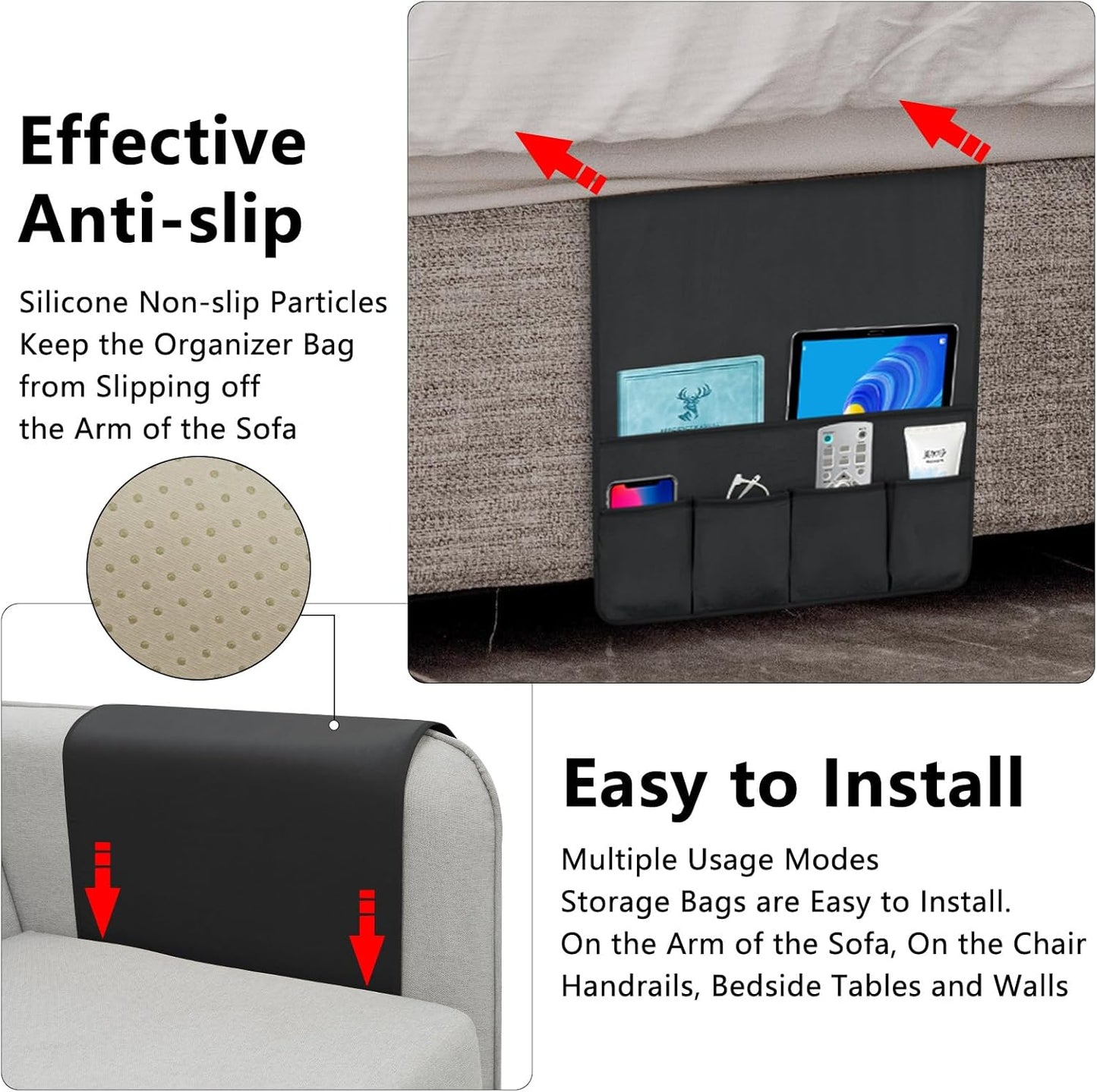 TV Remote Control Holder Couch Caddy, Non-slip Bedside Caddy Organizer with 5 Pockets for Key Glasses Phone Magazine Holders (Black, 35''x18'')