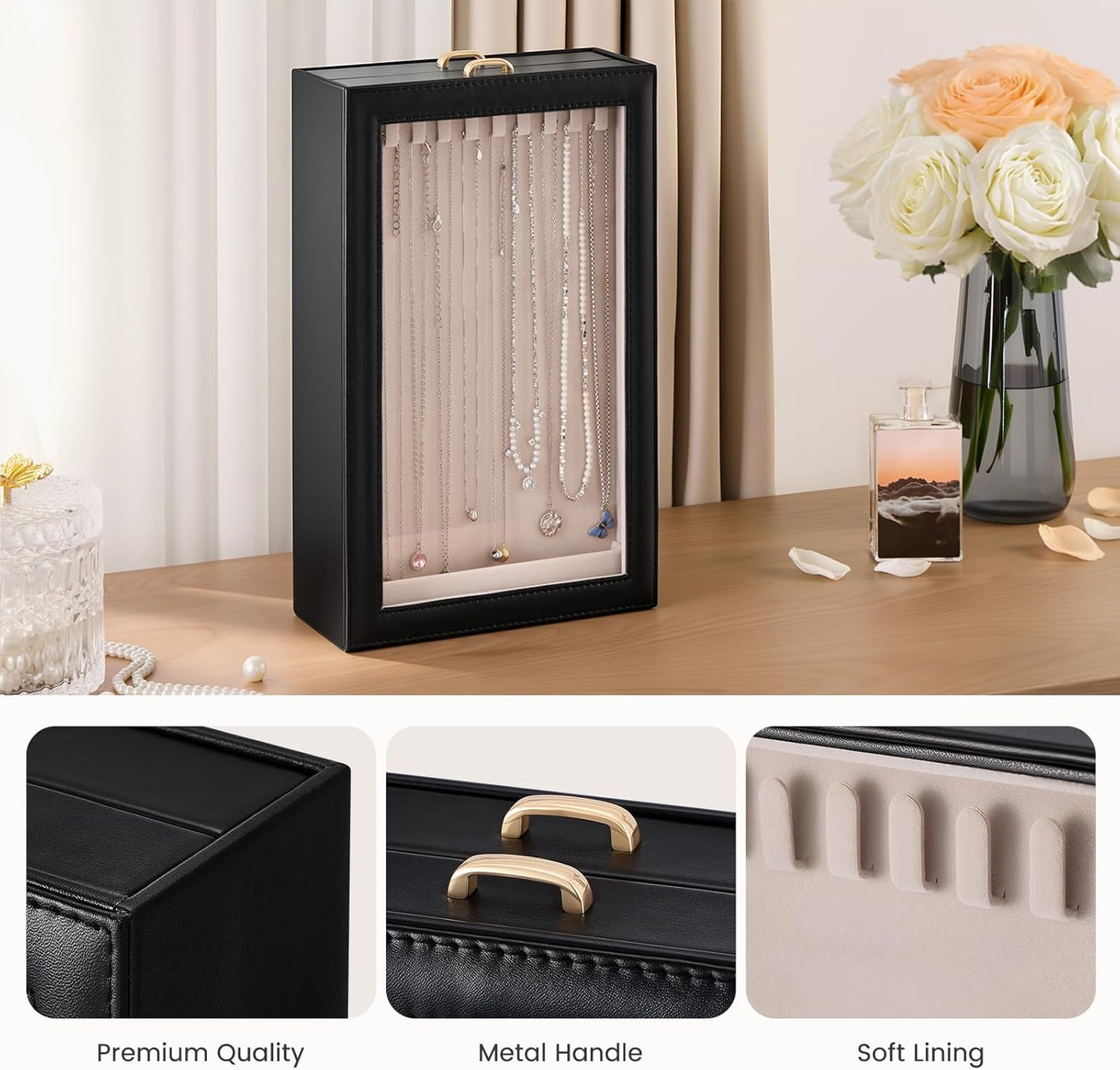 Lolalet Necklace Organizer Box, 2-Layer Jewelry Storage Boxes with Clear Lid for Necklaces, Tangle-Free Necklace Display Case for Women Girls -Black