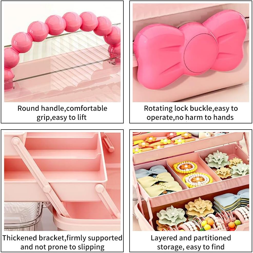 Bow Knot Hair Accessories Organizer Box Cute Dust Proof Childrens Jewelry Storage Box 3 Layers Plastic Storage Box for Hair Clips,Headbands,Hair Bands,Jewelry,Etc