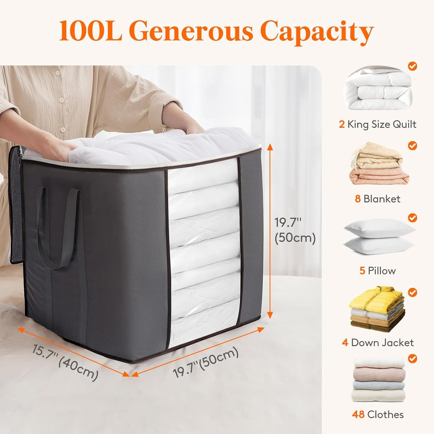 Lifewit 100L Extra Large Blanket Storage Bags, Foldable Comforter Storage with Reinforced Handles, Clothes Storage Containers for King Comforter, Bedding, Pillow, Sheet, Storage Bin with Lids 4 Pack
