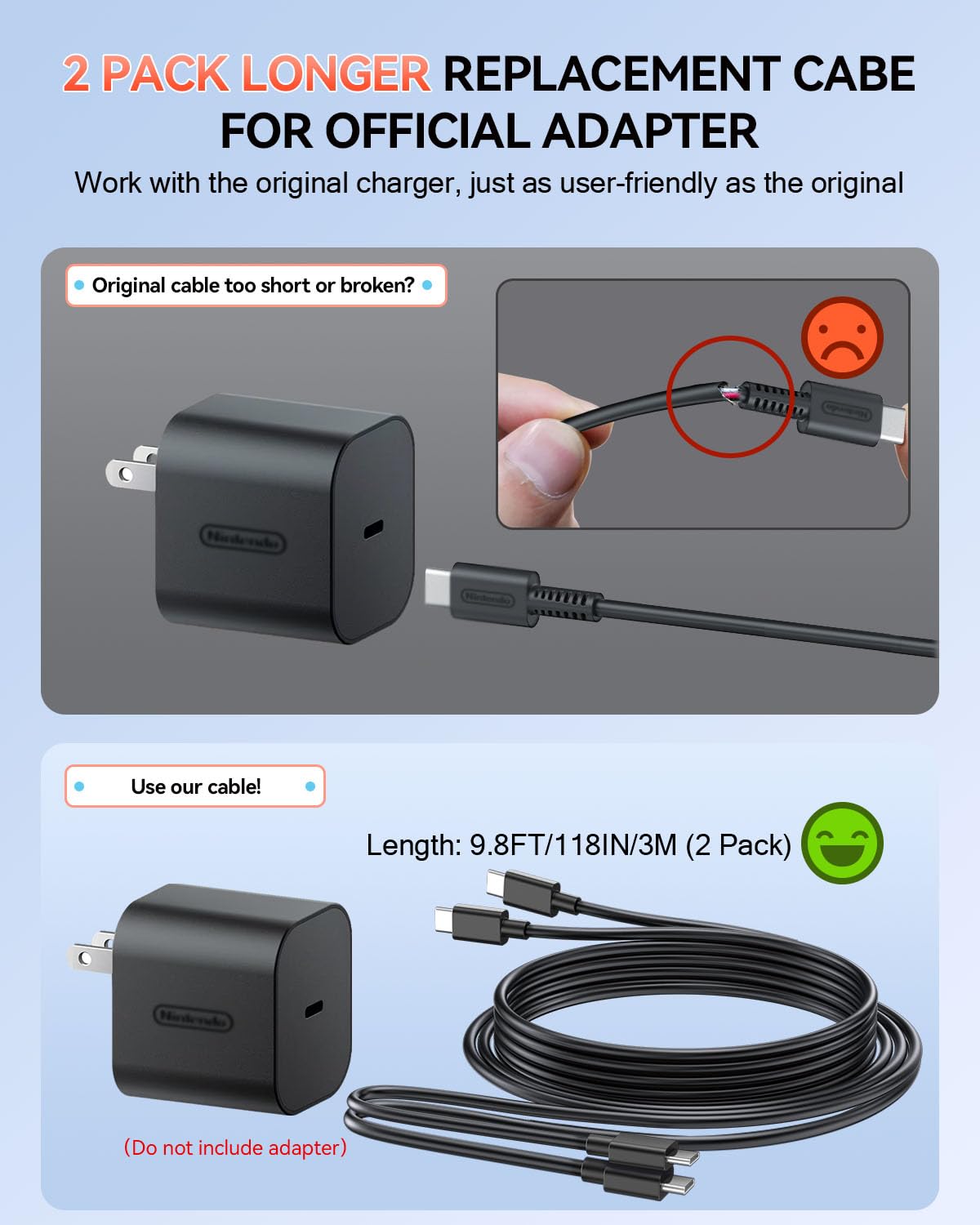 2 Pack (9.8FT) Switch 2 Charging Cable, Extra Long Power Cord for Nintendo Switch 2 Official Adapter, 60W Fast Charger[𝐀𝐂 𝐀𝐝𝐚𝐩𝐭𝐞𝐫 𝐂𝐨𝐫𝐝 𝐑𝐞𝐩𝐥𝐚𝐜𝐞𝐦𝐞𝐧𝐭]Accessories Switch 2 TV Dock
