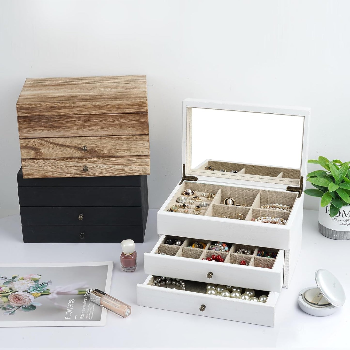 Meangood Jewelry Box Organizer for Women, 3 Layer Large Jewelry Storage Case, Rustic Wooden Jewelry Box with Mirror & Ring Tray for Necklace Earring Bracelets Rings, Vintage Style (White)