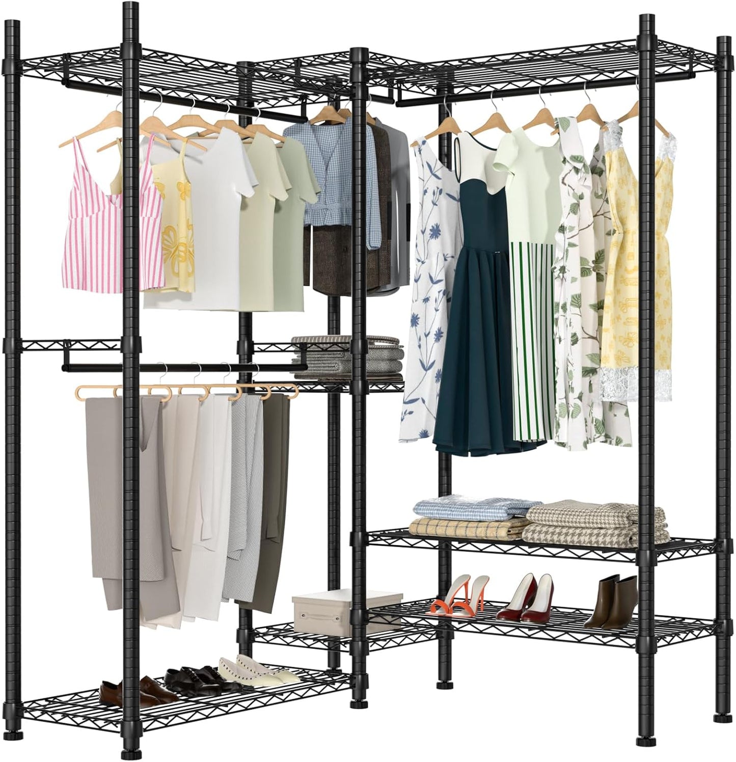 Garment Rack Heavy Duty Clothes Rack Adjustable Freestanding Metal Portable Wardrobe Closet Rack with Shelves for Hanging Clothes - 72" L x 14" W x 75" H, Black