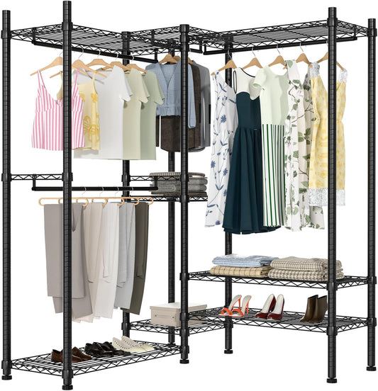 Garment Rack Heavy Duty Clothes Rack Adjustable Freestanding Metal Portable Wardrobe Closet Rack with Shelves for Hanging Clothes - 72" L x 14" W x 75" H, Black