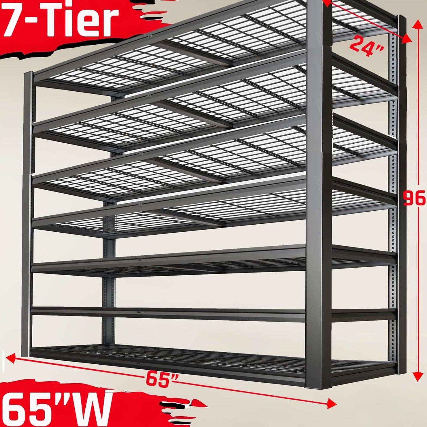 7-Tier Heavy Duty Garage Shelving Units, 65" Wide Deep Storage Shelves,Black Metal Garage Shelves,Steel Shelf,Large Storage Rack,Industrial Shelving for Shop, 65" W x 24" D x 96" H