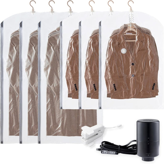 TAILI Hanging Vacuum Sealer Suction Space Saver Storage Bags for Clothes with Electric Air Pump and Rolling Slide Clip for Coats, Closet Organizers, 3 Long 3 Short