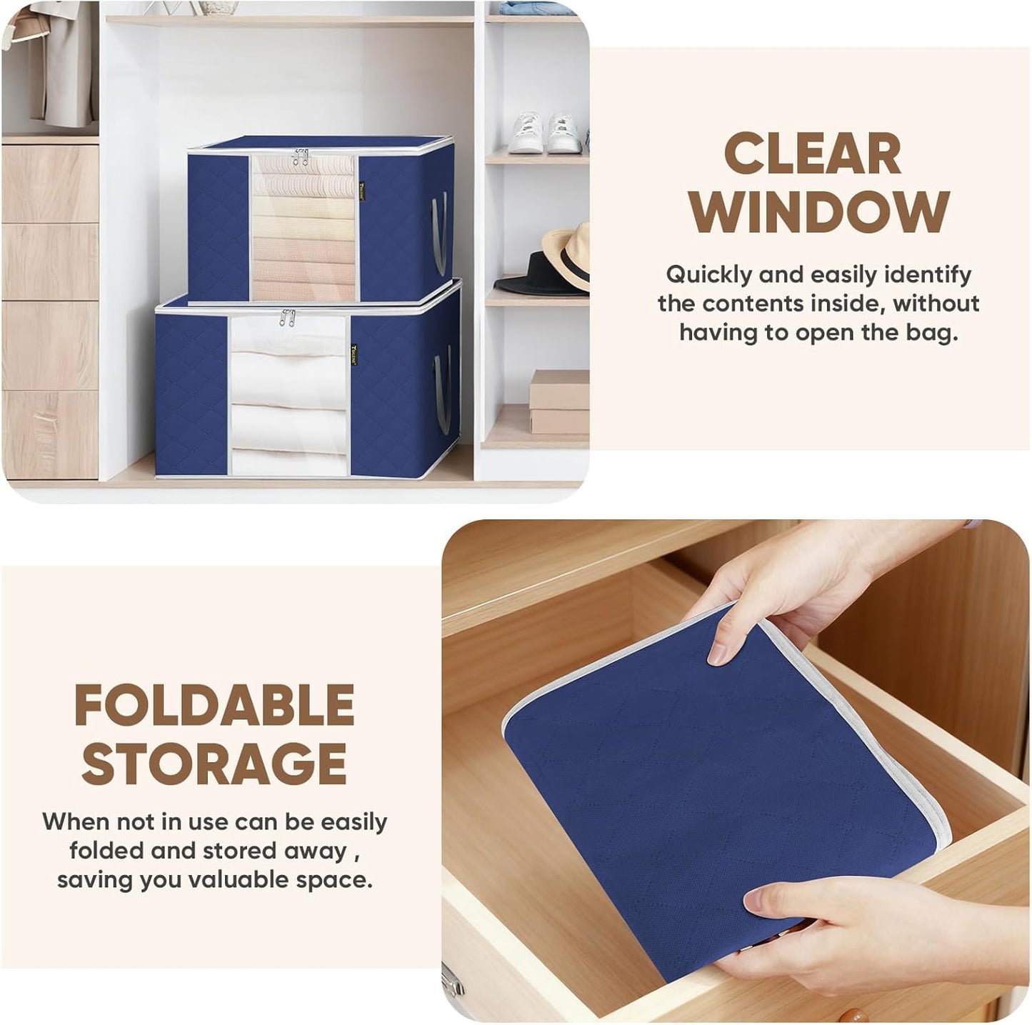 BALEINE 6 Pack Clothes Storage Bags, 16 Gallon Storage Containers with Reinforced Handle, Sturdy Zipper, Closet Organizer for Blanket, Comforter, Pillow, Bedding (Blue, 6 Pack)