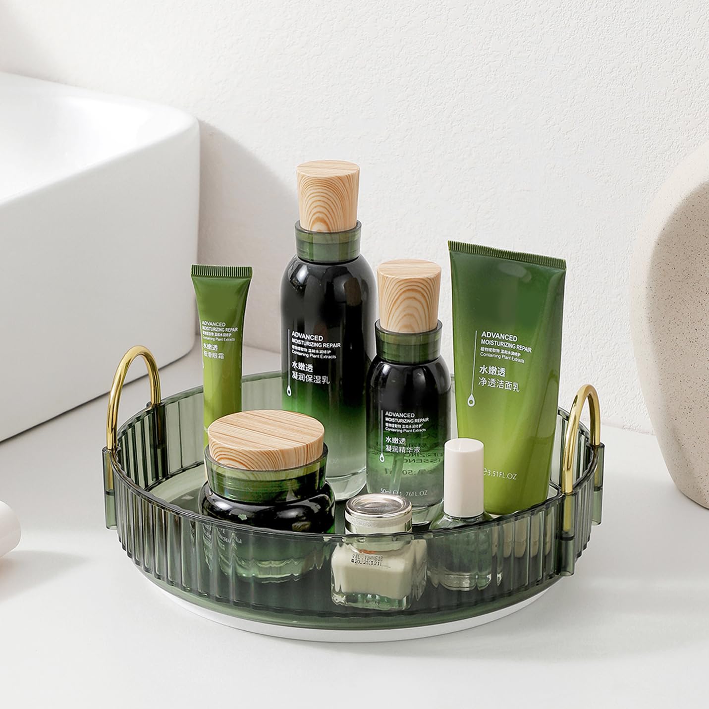 Rotating Makeup Organizer for Vanity, Skincare Make Up Organizers for Bathroom Counter, Clear Perfume Dresser Cosmetic Storage Display Case Holder 360 Spinning,1 Tier, Green