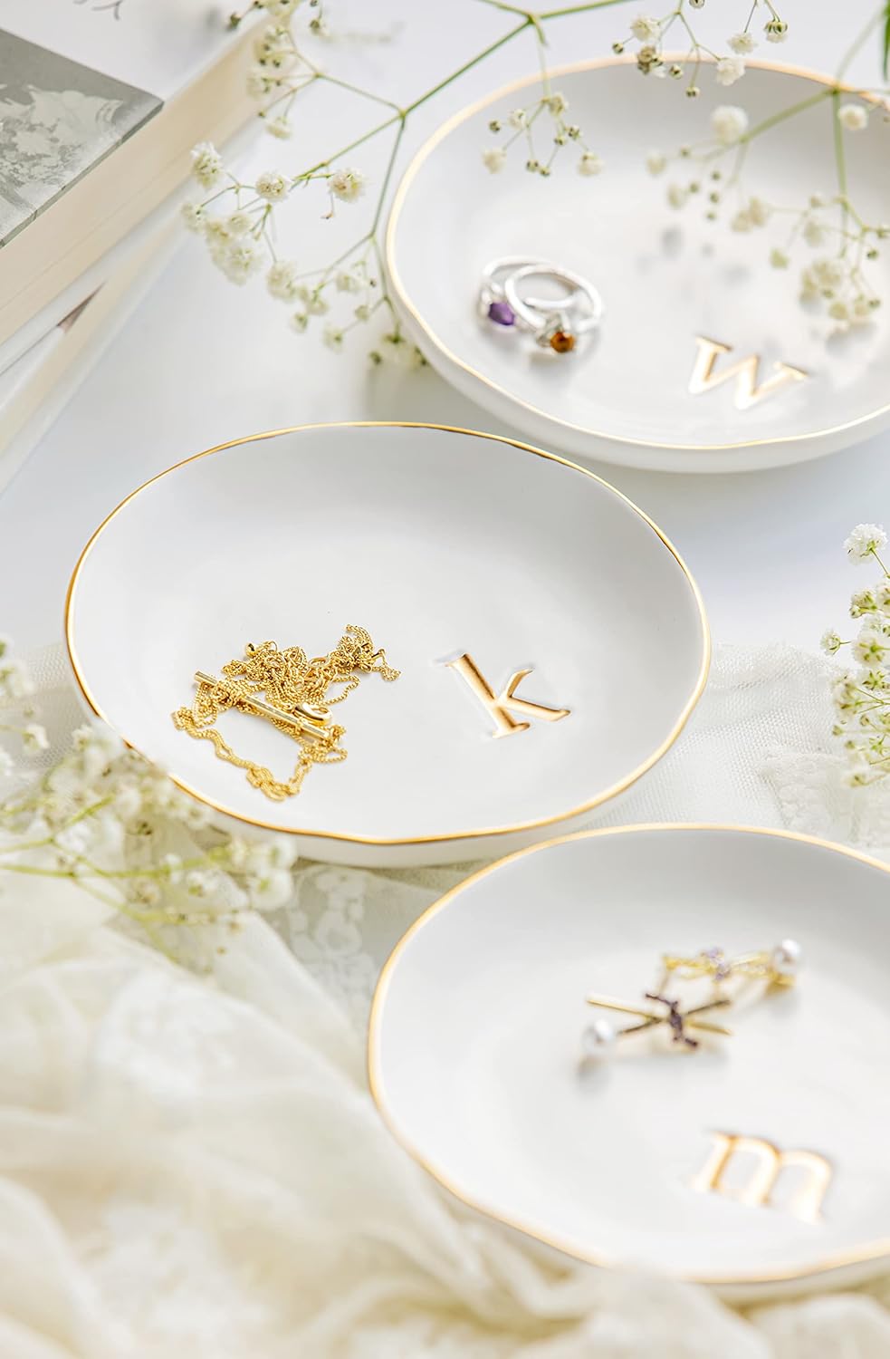 COLLECTIVE HOME - Ceramic Jewelry Tray, Decorative Trinket Dish for Rings Earrings Necklaces Bracelet Watch Keys, Birthday Mother's Day Christmas Gift for Women, 4.75", White Surface (C)