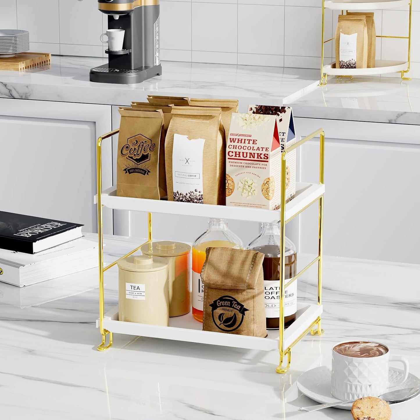 FSyueyun 2-Tier Bathroom Countertop Organizer, Tool-Less Installation Premium Plastics Makeup Shelf Organizer Perfume Skincare for Dresser Vanity Tray Organizers and Storage (Gold)