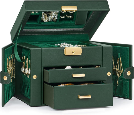 TORIBIO Jewelry Box for Women, Leather Jewelry Organizer with Mirror & Lock, 3-Tier Jewelry Storage Organizer with 2 Drawers for Girls/Women/Mothers, Necklace Earring Bracelets Holder Organizer