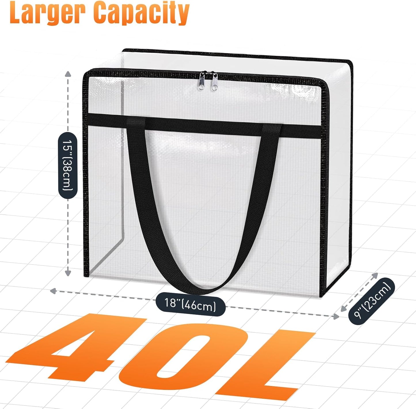 Clear Under Bed Storage Containers - 4 Pack Large Capacity Clothes Storage Bags with Lid & Sturdy Handles, Foldable Moving Bags, Clothing Organizer Totes for Bedding, Comforter, Sheet（40 L）