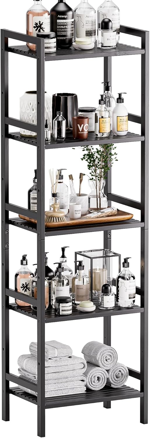 HITNET 5 Tier Narrow Bookshelf, Bamboo Bookcase, Slim Tall Storage Rack Free Standing Shelving Unit with Adjustable Shelves for Living Room Bedroom Bathroom, Black