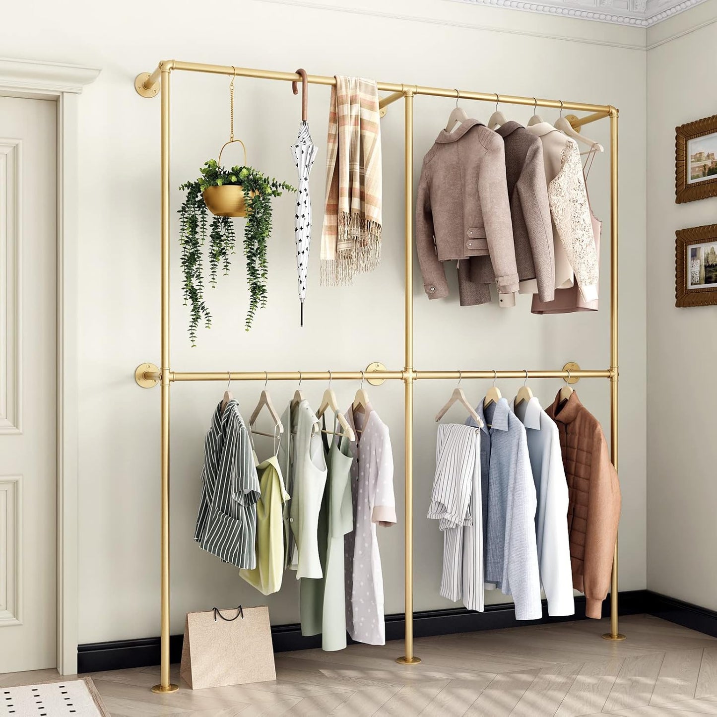 Gold Pipe Clothing Racks Wall Mount Gold Clothes Rack, Heavy Duty Industrial Pipe Clothes Racks Retail Display Hanging Rod for Closet Storage, Laundry Room