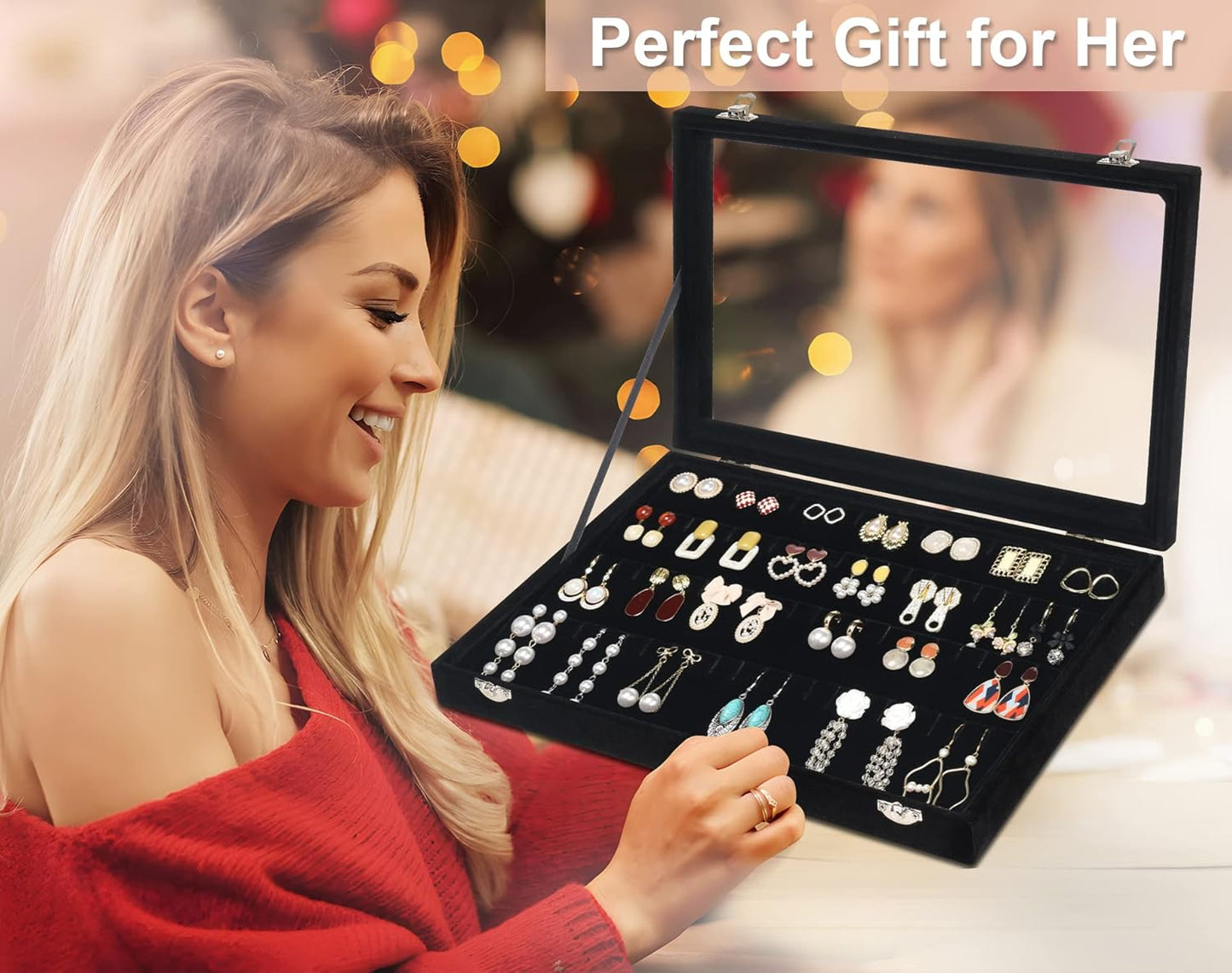 Jenseits Earring Organizer Tray, Earring Box with Clear Lid 80 Slots Velvet Drawer,Earring Tray with Lock, Jewelry Display Case for Women Girls, Black