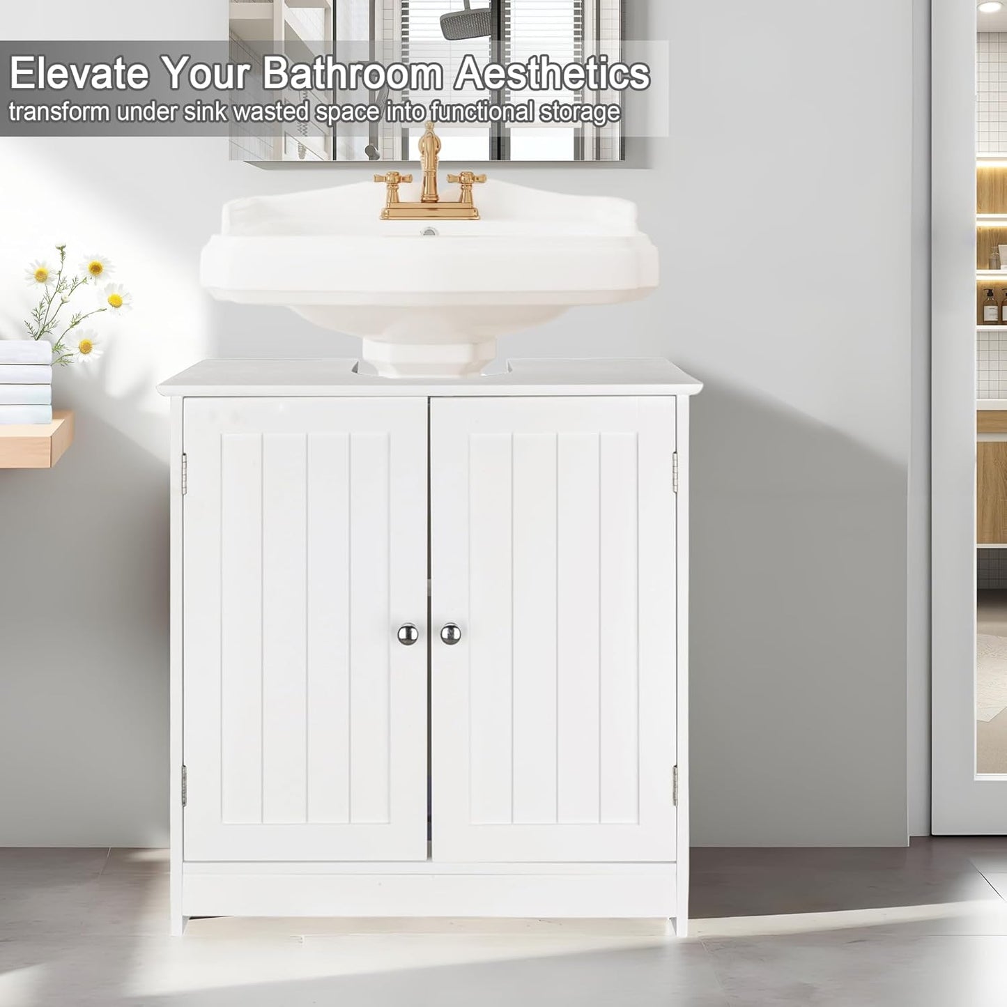 Pedestal Sink Storage Cabinet, Under Sink Cabinet with 2 Doors and Adjustable Shelf, Bathroom Sink Cabinet with U-Shape Cut-Out, Under Pedestal Sink Storage Cabinet for Bathroom, White
