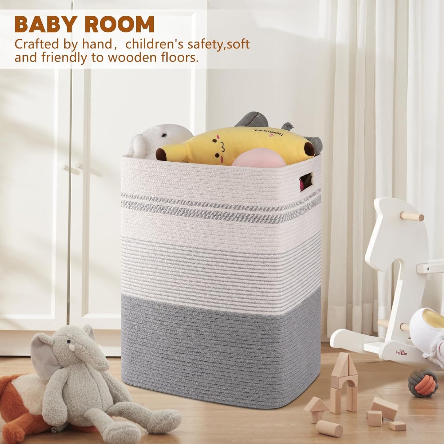 Laundry Hamper, Large Woven Rope Tall Laundry Basket with Handles, 22" X 17" X 13", Decorative Storage Basket for Clothes and Blankets in Living room, Bedroom, Grey & White