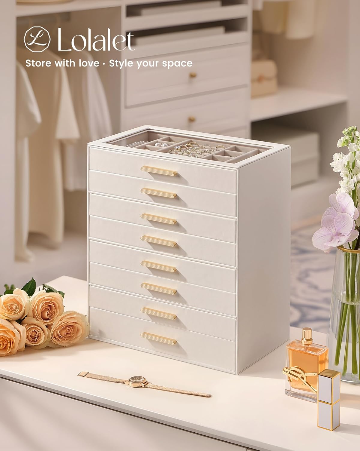 Lolalet Jewelry Box Organizer, 8-Layer Jewelry Organizers and Storage Case with Glass Lid, Ring Earring Bracelet Necklace Holder Organizer, Birthday Christmas Gifts for Women Girls -8Layer, Beige