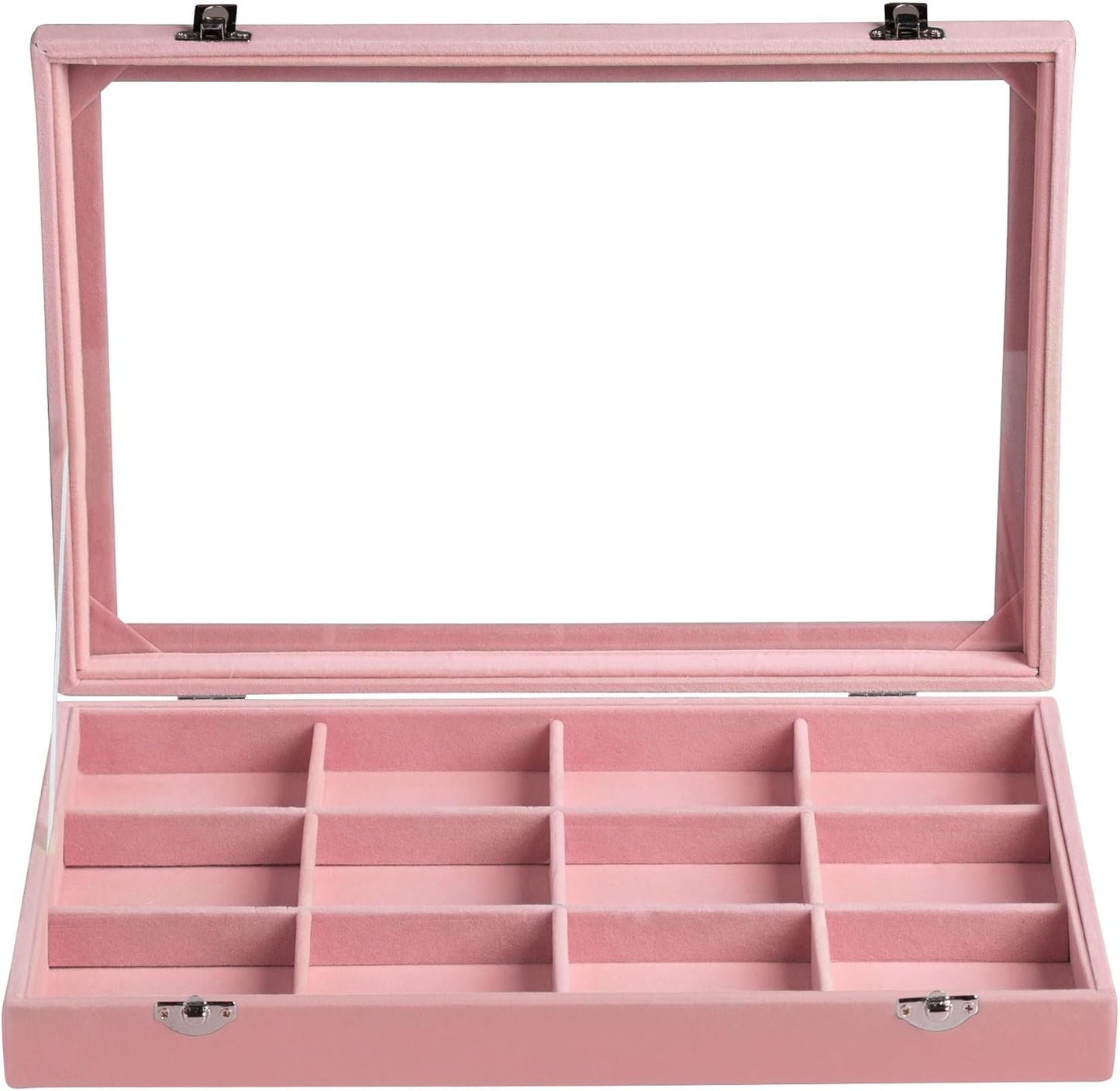 Frebeauty Velvet Jewelry Tray,12 Grid Jewelry Organizer with Clear Lid,Bracelets Holder,Jewelry Display Case with Clasp,Drawer Insert Bangle Brooch,13.8 x 9.5 x 2 Inches,Gift for Women Girls(Pink)
