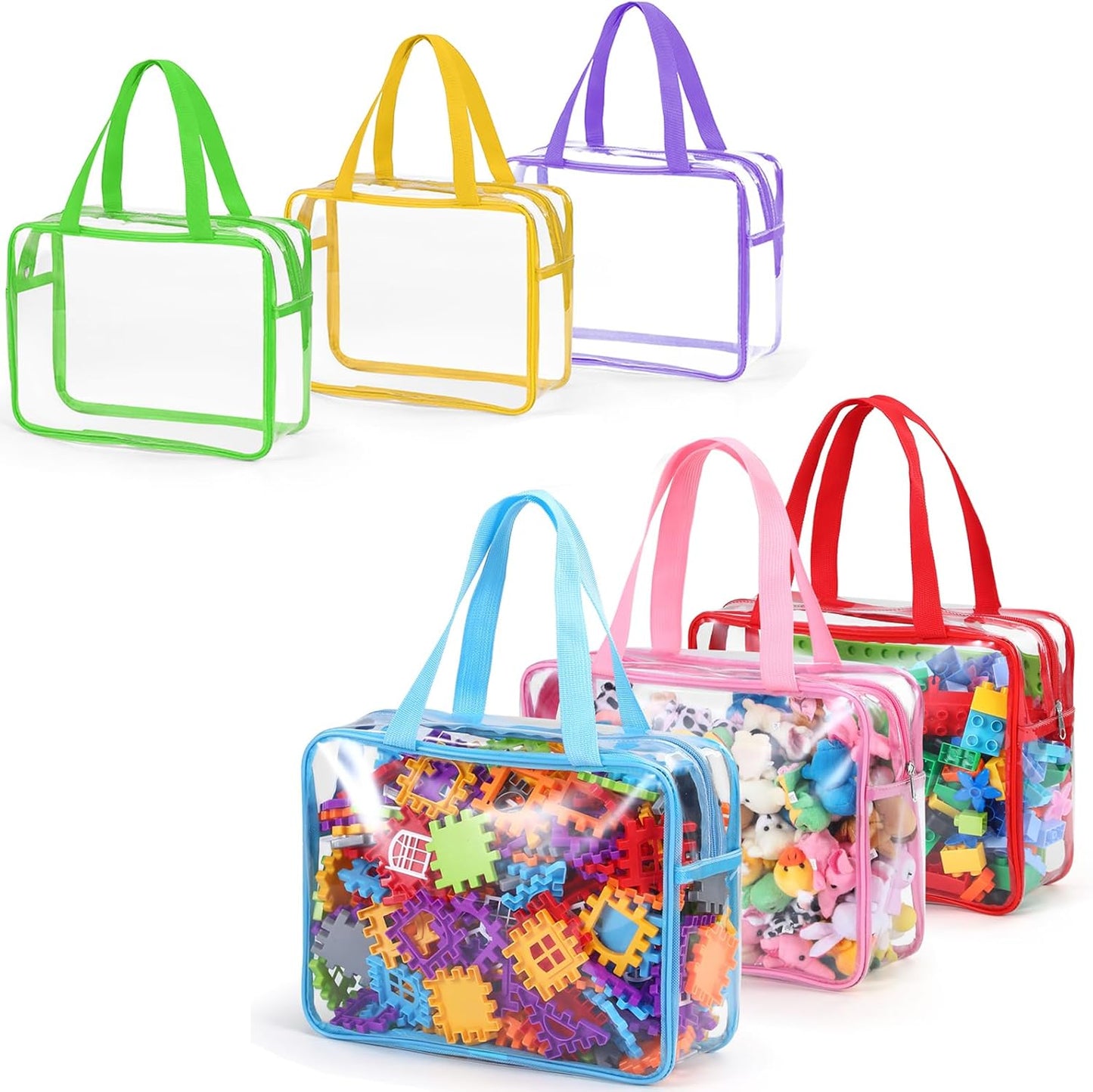 6 Packs Large Toy Storage Bags,Clear Waterproof PVC Toy Storage Organizer with Zipper,Reusable Travel kids Organizer Bags for Board Game,Building Blocks and Puzzles,Colorful