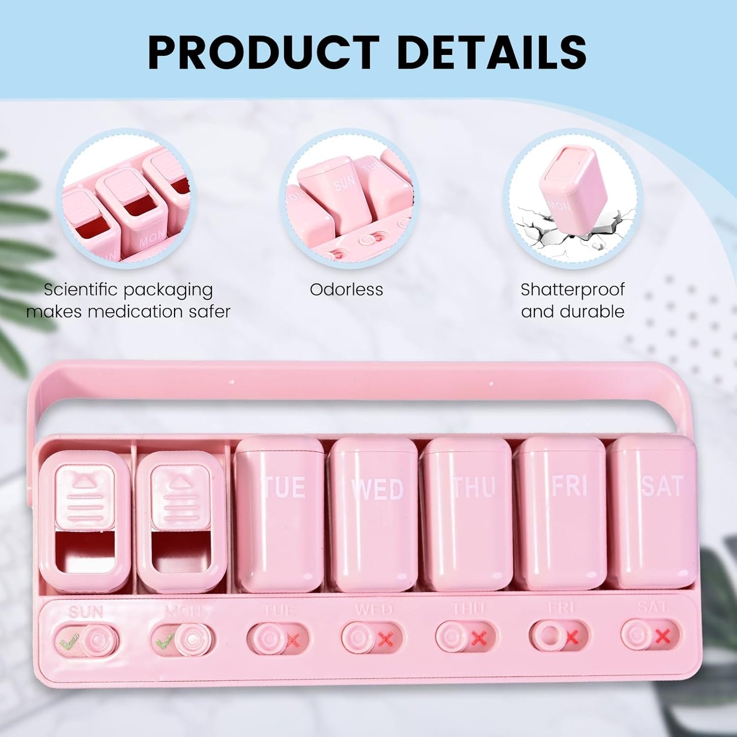 Pill Organizer Easy-Slide Lid, Removable 7 Day 1 Time a Day Pill Box, Large Travel Pill Case, Week Once Daily Medication Dispenser, Pill Container Holder for Supplement, Vitamin, Pink