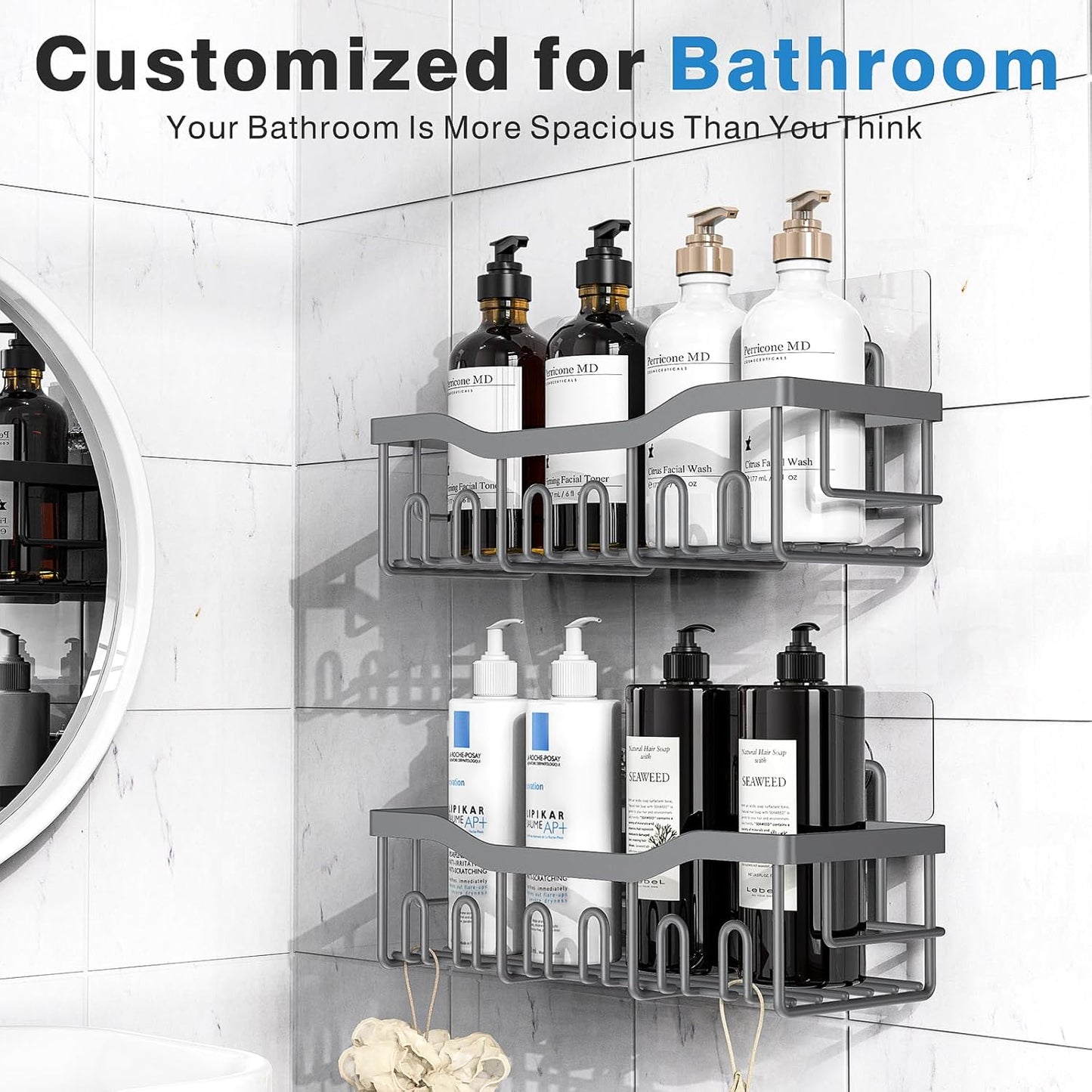EUDELE Shower Caddy 2 Pack, Adhesive Shower Organizer for Home Decor & Kitchen Storage, No Drilling, Rustproof Stainless Steel Bathroom Shelf Organizer