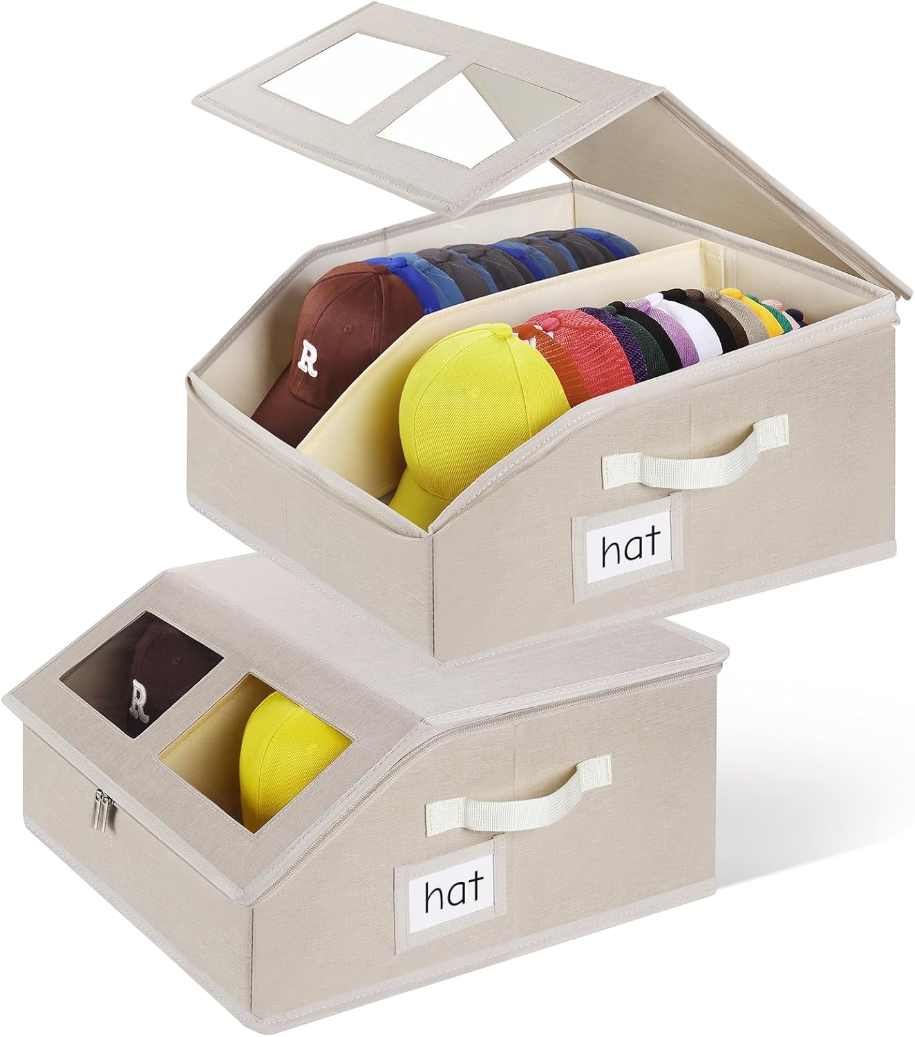 2 Pack Hat Storage for Baseball Caps-Holds Up to 48 Caps, Hat Organizer for Closet Stackable Hat Box with Cardboard, Dustproof Baseball Cap Organizer with 2 Handles for Home Travel (Beige, 2Pack)