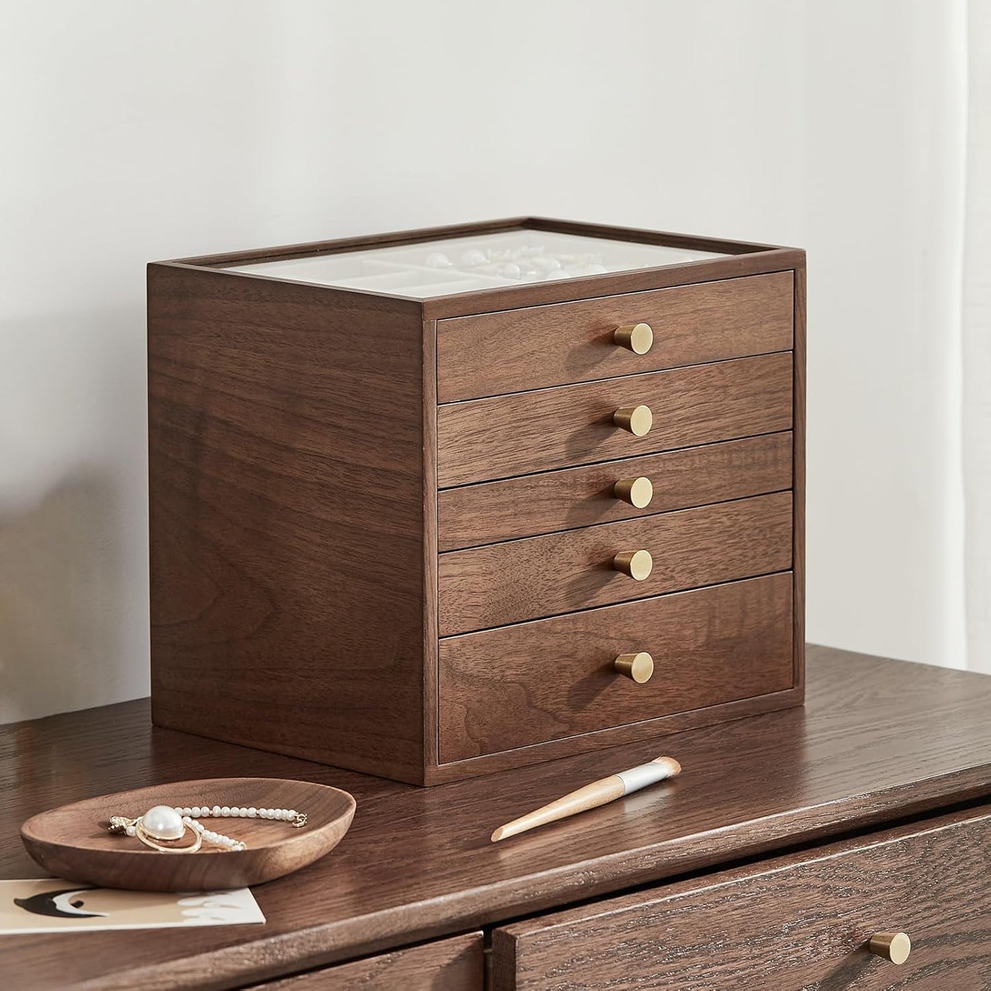 CHOSIN Black Walnut Wooden Jewelry Box Women large 5 Level Drawer Organizer Box with Glass Lid for Necklaces Watch Necklace Ring Earring Storage Christmas Gifts