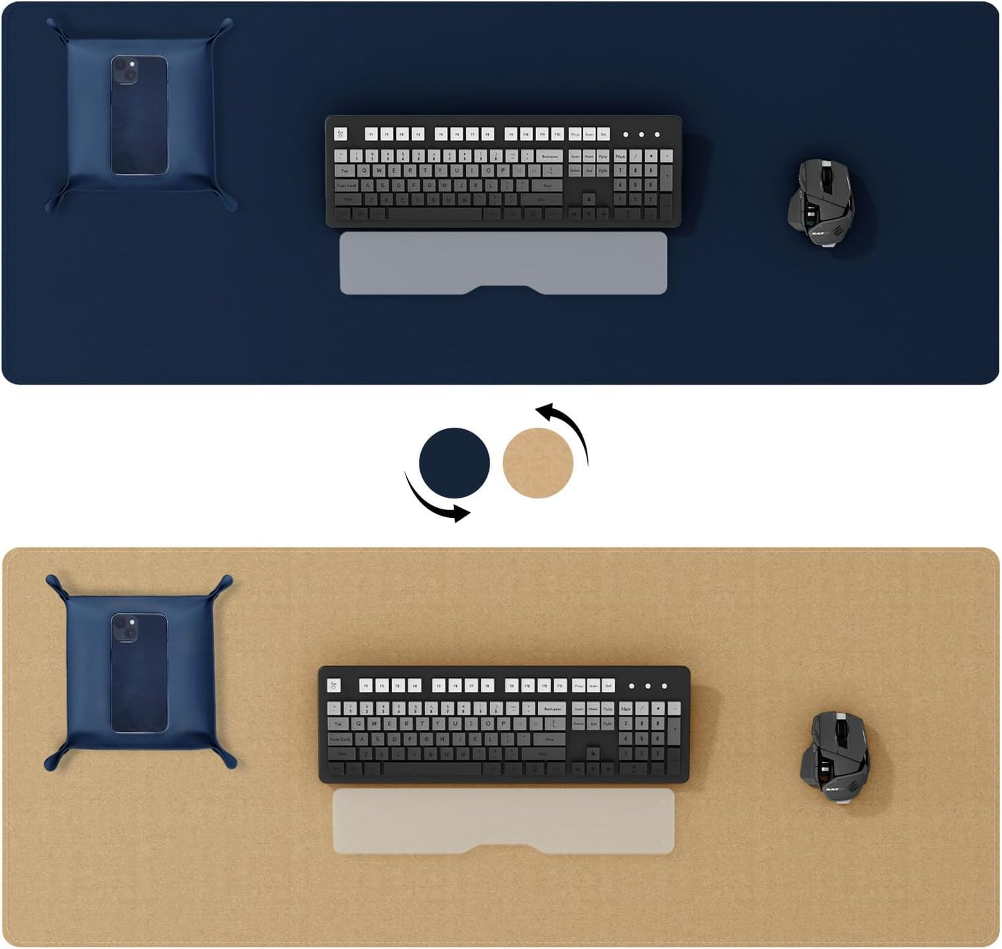 DAWNTREES Dual Sided Desk Mat,Blue Leather Desk Pad,47.2''x23.6'',Cork Desk Mat Protector,120x60cm Extra Large Mouse Pad,with PU Leather Valet Tray Organizer,Desk Writing Pad for Office and Home