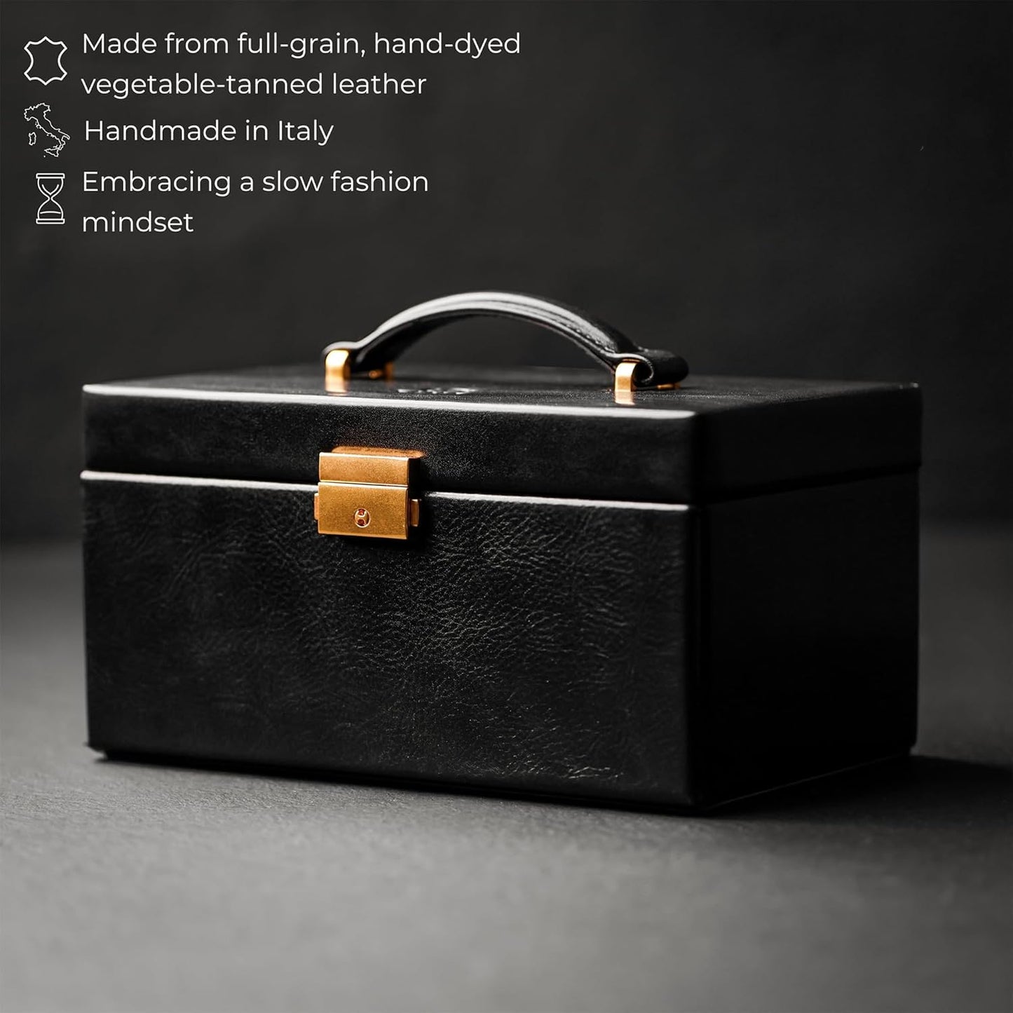 Time Resistance Jewelry Box - Full Grain Leather Jewellery Organizer - Accessories Storage Key Lock - Jewellery Box (Black)