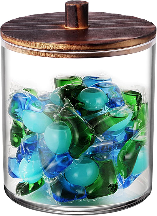SheeChung 1 Pack 50 Oz Large Apothecary Jar with Wood Lid, Laundry Pods Container, Storage Jars for Bathroom Organization, Plastic Canisters with Cute Stickers Spoons(Dark Brown)