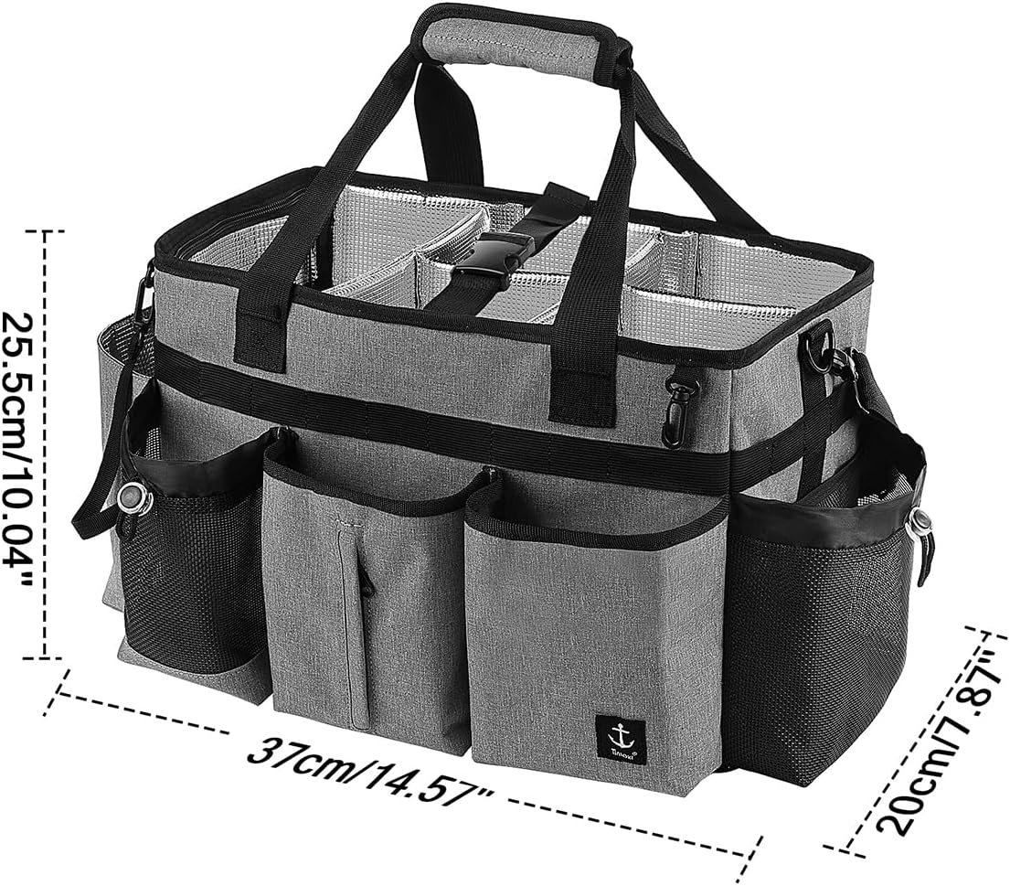 Large Cleaning Caddy Bag Built-in Sturdy Support Board, Cleaning Organizer with Detachable Divider, Cleaning Supply Tote with Adjustable Shoulder Strap&Waist Belt for Cleaners & Housekeeper