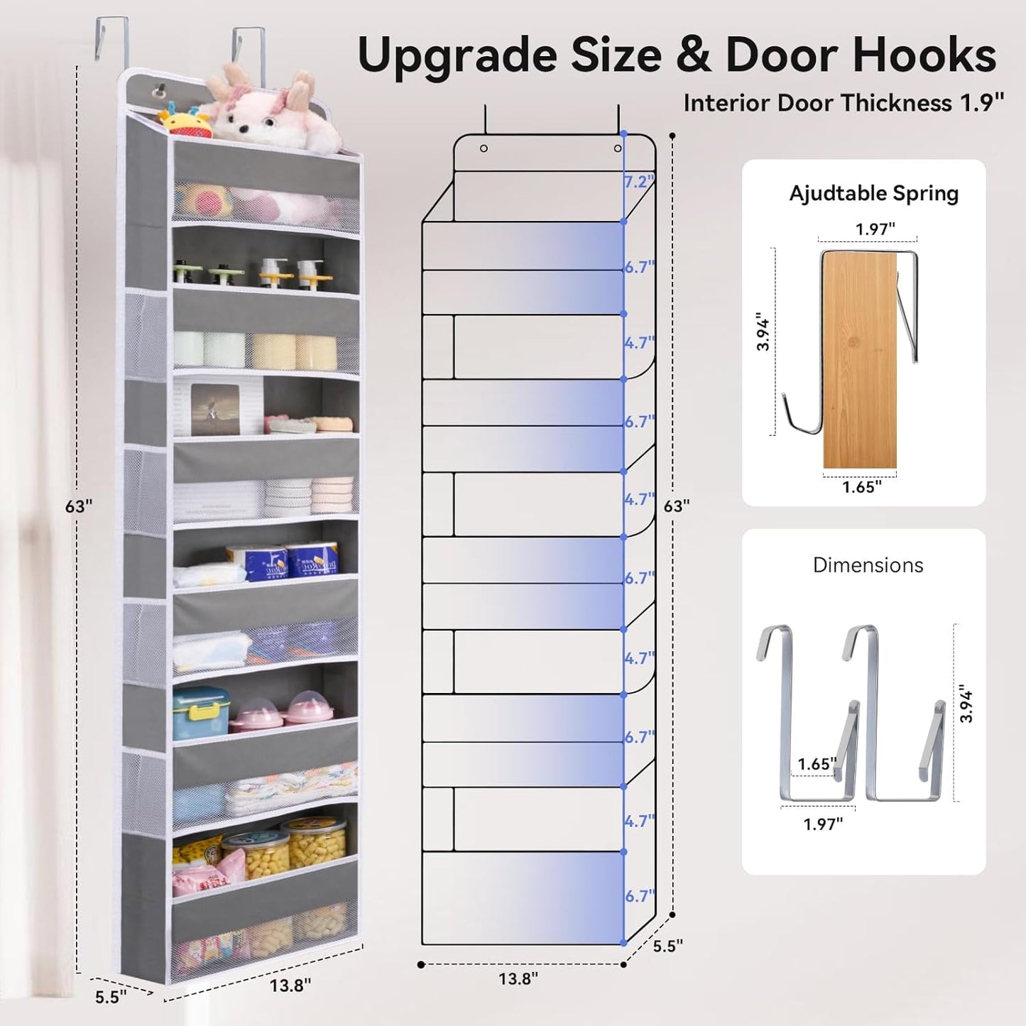 WishJazz Over The Door Organizer 6 Tiers, 50 lbs Tear Resistant Anti-Tilt Behind Door Storage, Door Hanging Organizer for Closet, Nursery, Bedroom, Bathroom, Diaper Organizer, Room storage