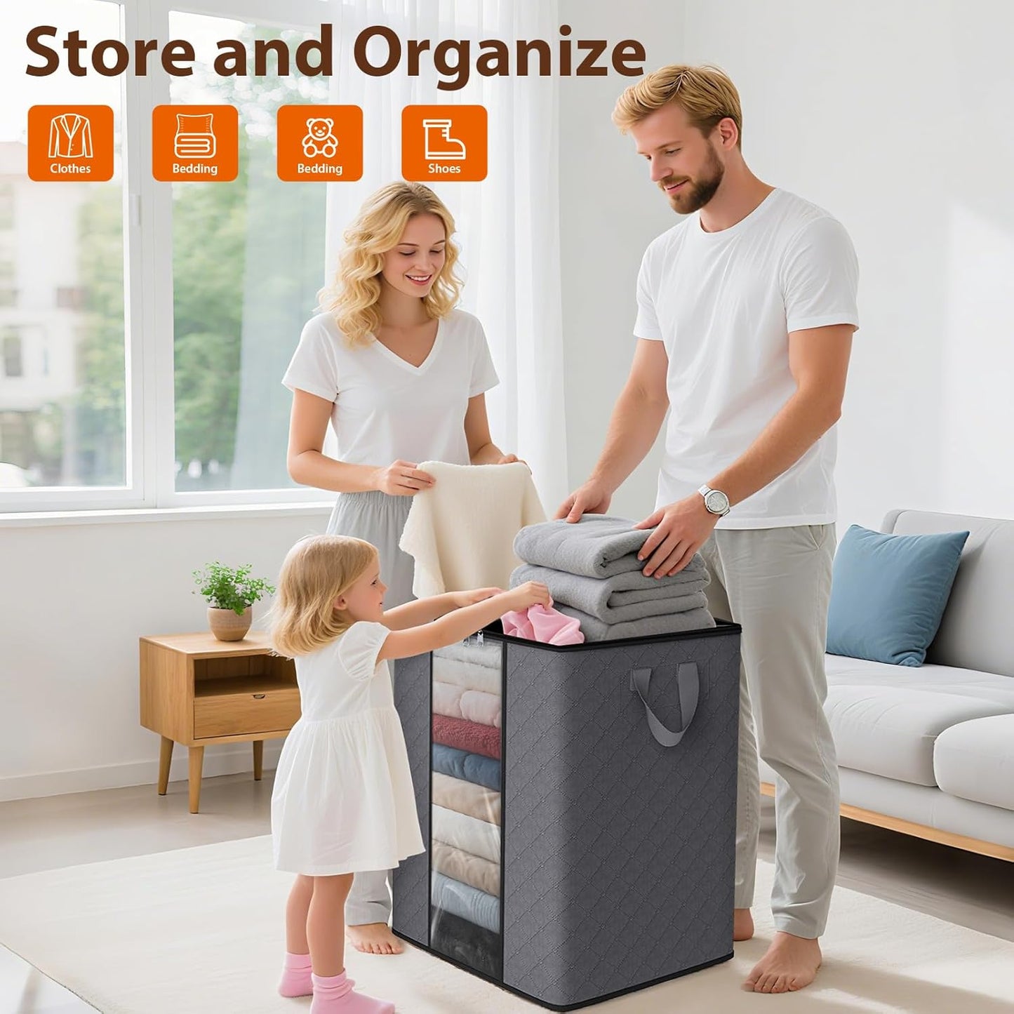 SpaceWhisper 8 Pack 100L Clothes Storage, Foldable Thick Fabric Blanket Storage Bags, Containers for Organizing Bedroom, Closet, Clothing, Comforter,Closet Organization with Handle,Grey