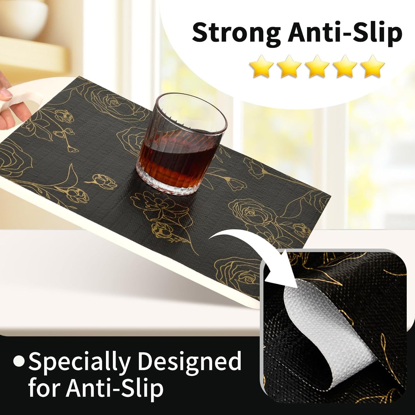 Shelf Liners for Kitchen Cabinets 12in x 30FT Non Adhesive Drawer Liner Black Floral Thickened Shelf Liner Paper Strong Non-Slip Easy to Clean for Tool Box Refrigerator with Knife and Tape Measure