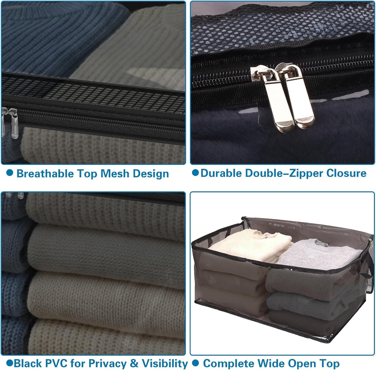 Fixwal 60L Blanket Storage Bags 4 Pack Clothes Storage Bins Foldable Thick Closet Organizers Storage Containers with Reinforced Handle for Clothing, Blanket, Comforters, Pillows(Black,PVC)