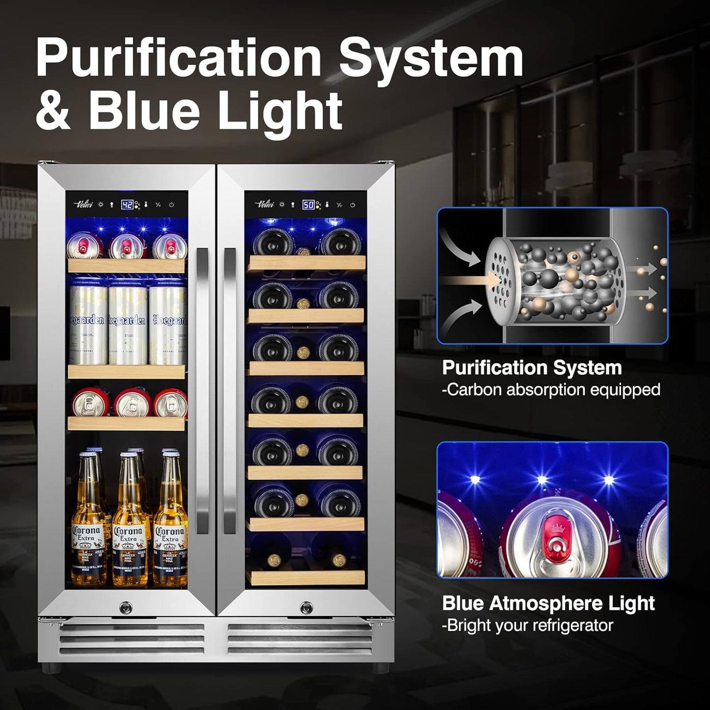 24-Inch Dual Zone Wine and Beverage Refrigerator with Glass Door & Lock- Freestanding/Under Counter Wine Cooler with Large Capacity Drink Fridge for Beer Soda, Fast Cooling