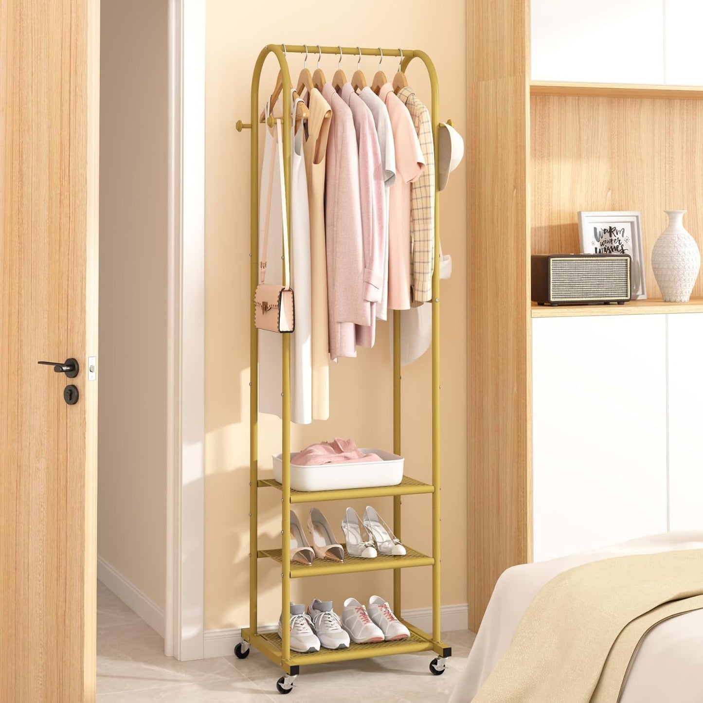 Heavy Duty Clothing Rack with Wheels,Modern Garment Rack with 3 Metal Shelves, 71.8Inches Display Rack for Hanging Clothes, Hanging Rod for Small Space,Gold