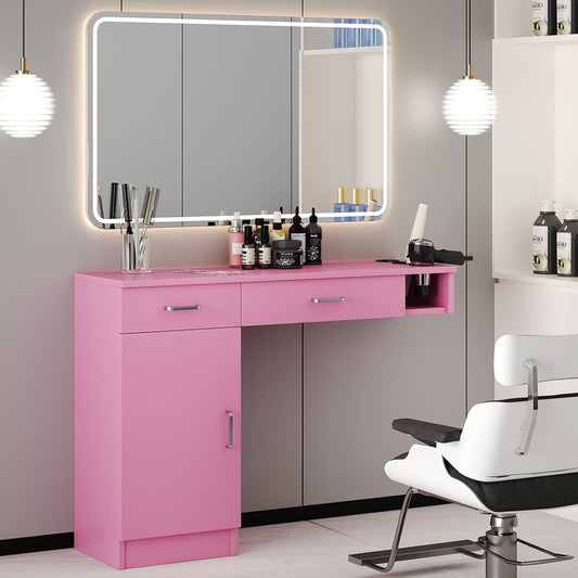 4ever2buy Salon Stations for Hair Stylist, Wall Mount Barber Station with Barber Cabinet, Hair Station Equipment Hair Dryer Holder, Drawers, Mirror not Included, Pink
