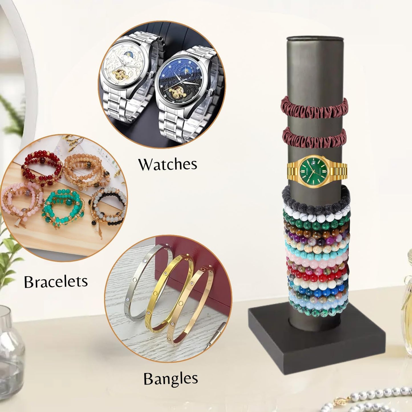 Novel Box Silver Leatherette Vertical Bracelet/Bangle Display Tower - Jewelry Organizer Tower Stands for Bracelet Displays - Hair Tie Bangle Bracelet Watch Scrunchie Holder for Selling or Personal Use
