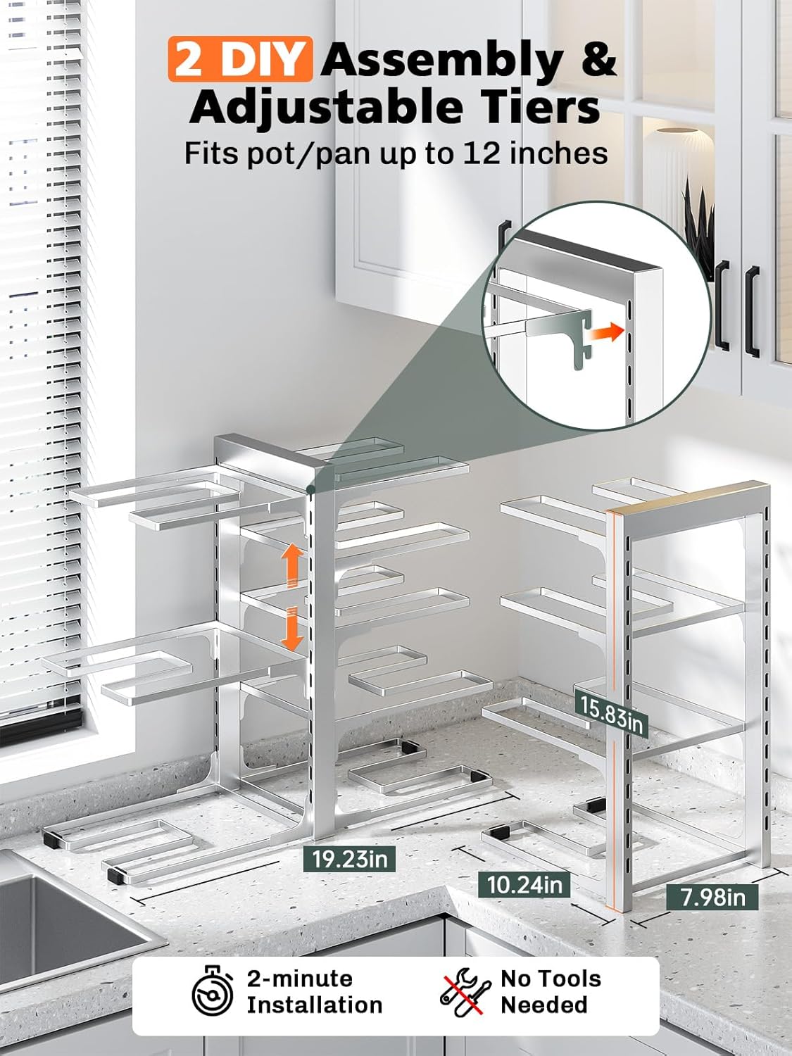 MUDEELA 8-Tier Pots and Pans Organizer under Cabinet, 15.83" Height Heavy Duty Pot Pan Organizer Kitchen Cabinet Organization and Storage, Adjustable Pot Rack for Frying Pan, Cast Iron Skillet, Sliver