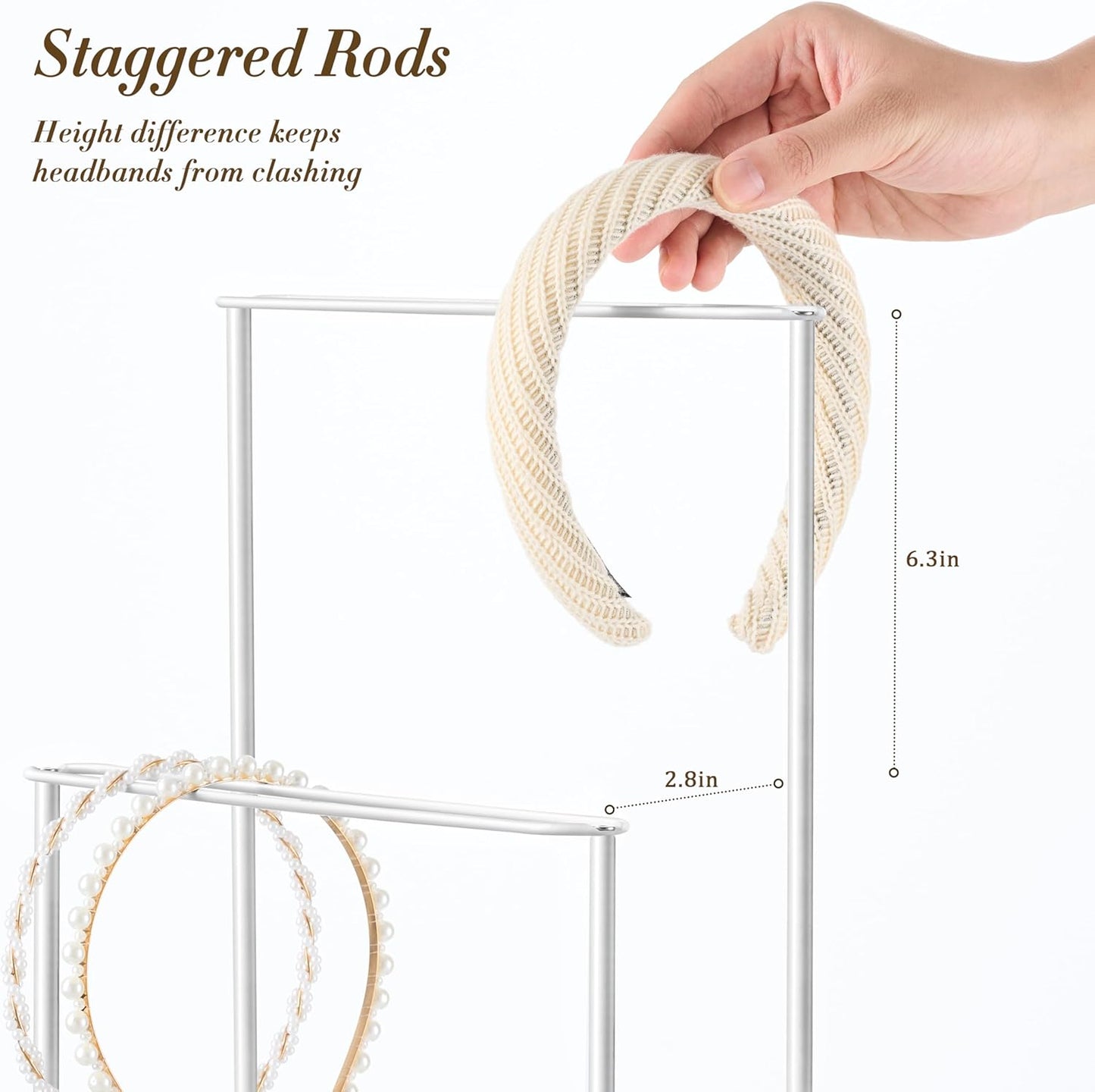 Headband Holder Organizer Metal 2-Tier with Tray: Hair Accessories Display Stand Storage Hairband Rack Necklace Stand Home Bedroom for Girls Women, White