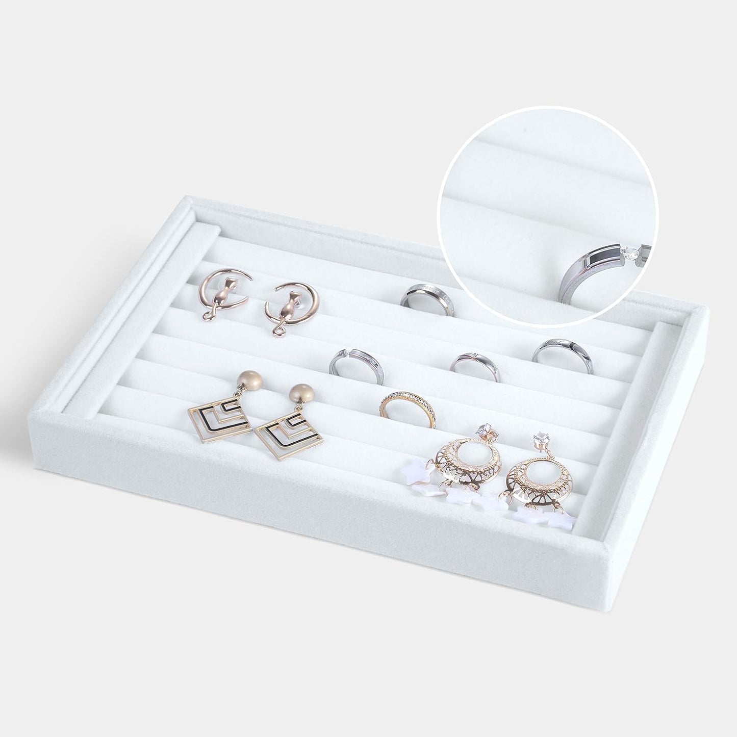 Valyria Velvet 7 Slots Ring Earrings Trays Showcase Display Jewelry Organizer (White)