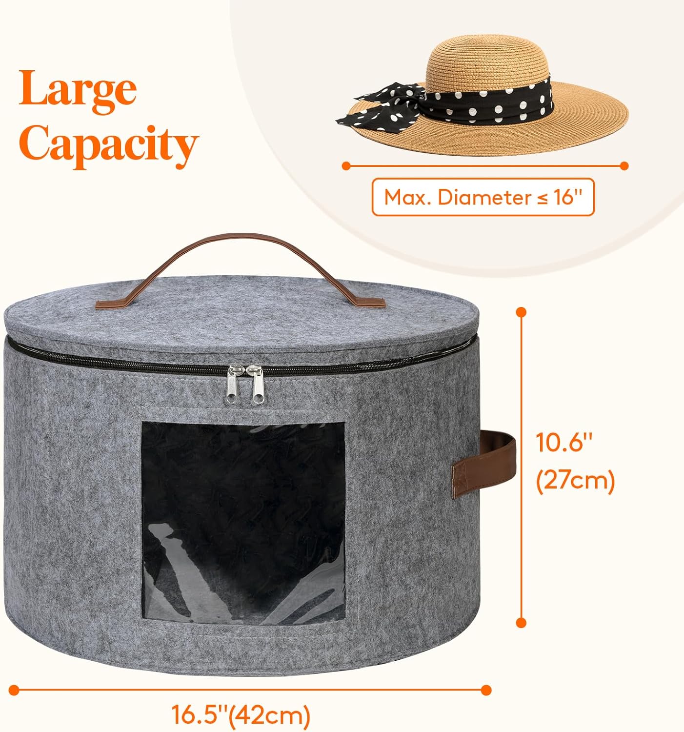 Lifewit Round Cowboy Hat Box for 7 Caps, Large Felt Hat Organizer Bag for Men & Women Storage, Baseball Cap Container with Dustproof Lid for Travel, Foldable 16.5" D x 10.6" H Carrier, 2 Pack, Gray