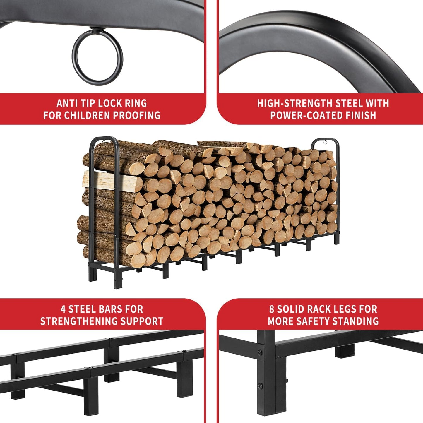 8FT Firewood Rack Outdoor, Heavy Duty Adjustable Firewood log Storage & Holder, Wood Pile Lumber Storage Rack Stacking Outside for Courtyard Patio.