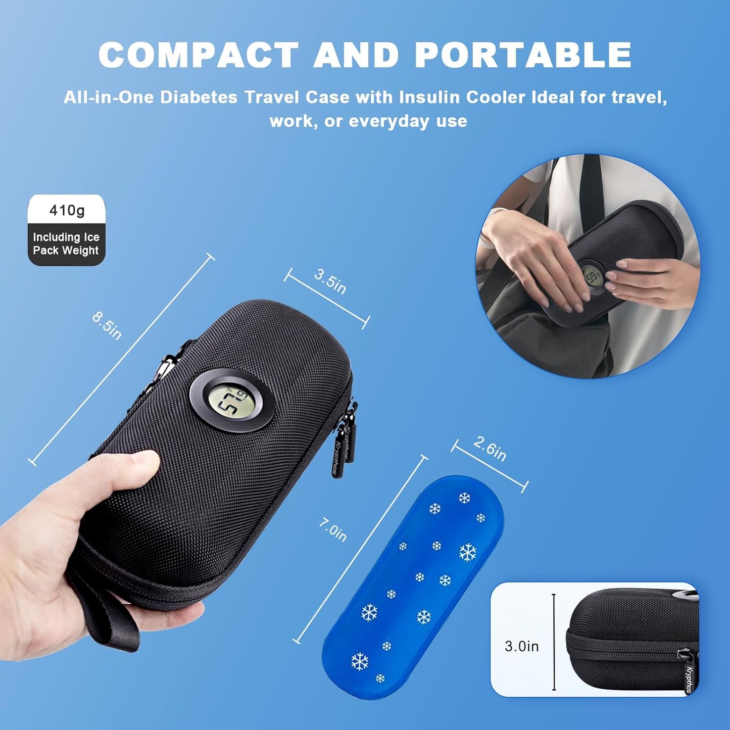 Krypthos Insulin Cooler Travel Case with Thermometer Temperature Display for Diabetic Care Storage, Refrigerated Medicine Organizer Bag with 2 TSA Approved Medication Cooler Ice Pack for Daily Trip