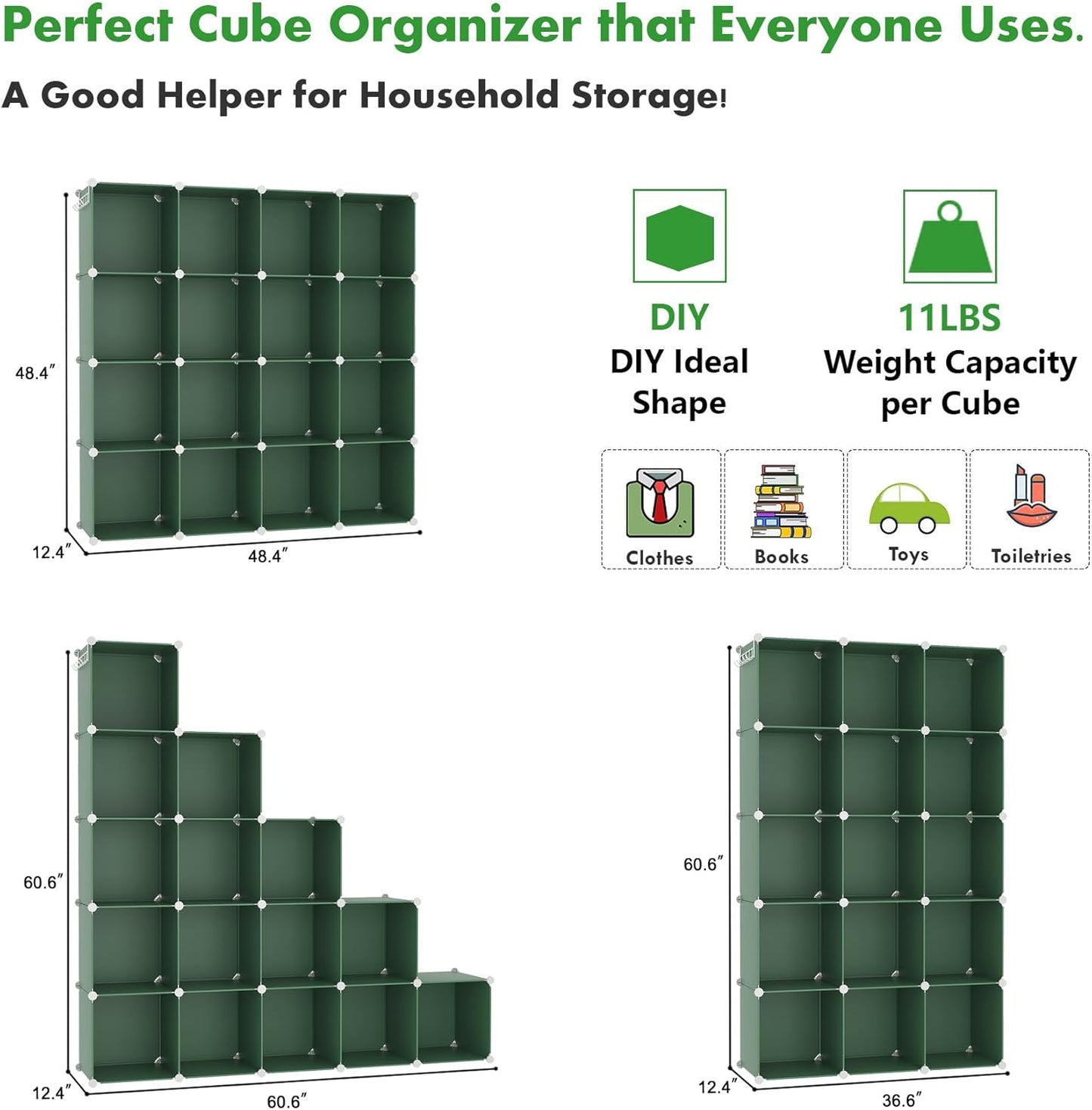 C&AHOME Cube Storage Organizer, 16-Cube Shelves Units, Plastic Storage Cubes, DIY Closet Organizer, Modular Closet Storage Shelves Ideal for Home, Bedroom, 48.4" L × 12.4" W × 48.4" H Green UPCS16GN